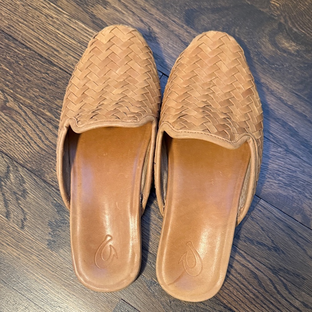 OluKai Woven Slide Mules in Tan